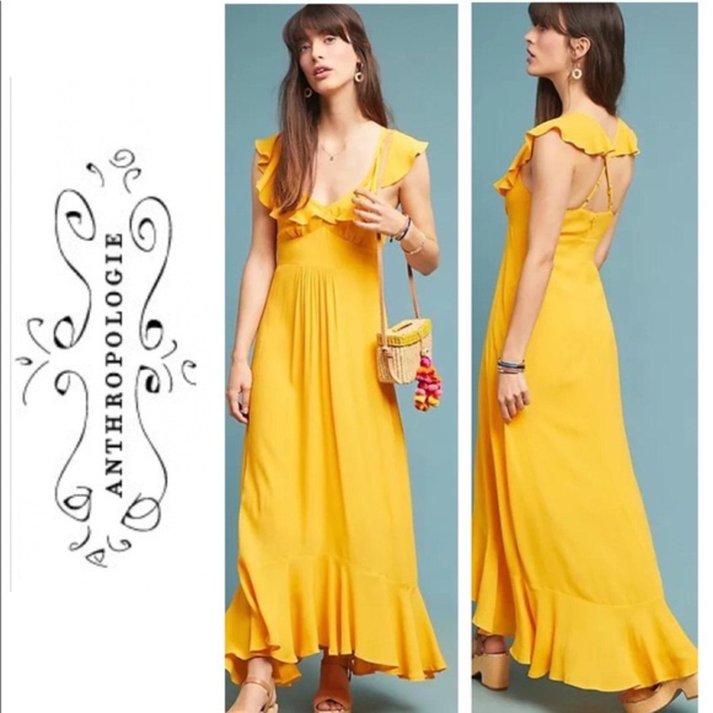 Anthropologie Larke Yellow Flutter Sleeve Dress
